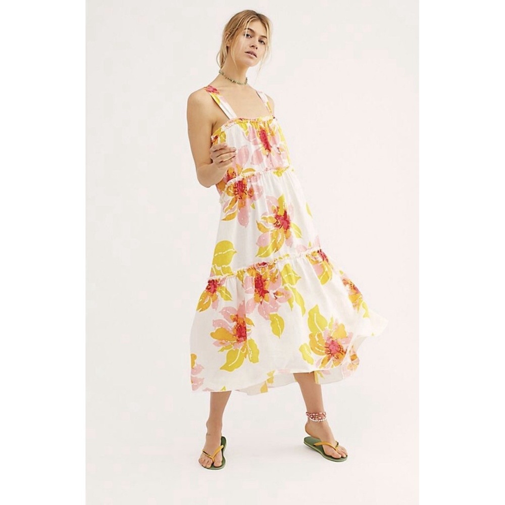 Free People Moonshine Midi Dress Floral Linen Blend Boho Yellow Pink White Small